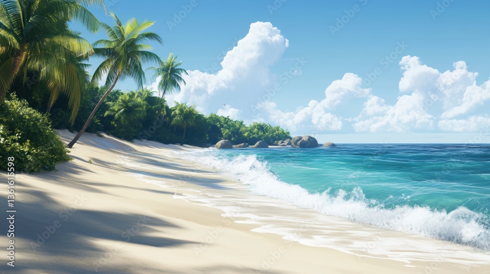 Serene tropical beach with palm trees and turquoise waves under blue sky Serene tropical beach with palm trees and turquoise waves under blue sky