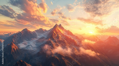 Serene mountain peaks at sunset with dramatic clouds and warm light over snow-capped summits