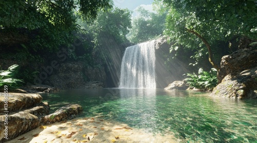 Tranquil waterfall in lush tropical jungle with crystal clear pool and sunlit canopy