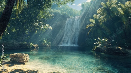 Serene tropical waterfall surrounded by lush greenery and sunlit misty rays