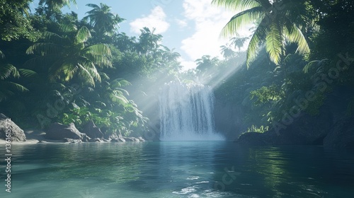 Tropical waterfall oasis with sunlight and lush greenery in tranquil paradise
