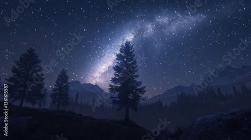 Majestic night sky with milky way above mountainous forest landscape