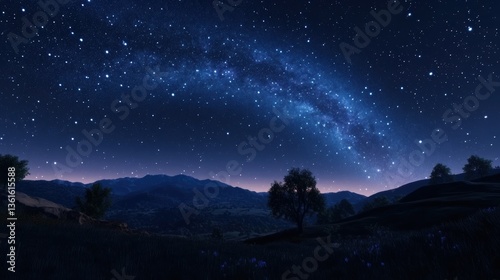 Starry night sky with milky way over serene mountain landscape