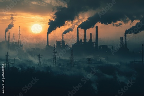 A smoky industrial landscape with towering factories silhouetted against a sunset, casting an ominous atmosphere of pollution and environmental concern. photo