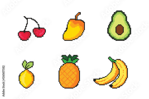 Pixel Art Fruits Isolated Set Collection