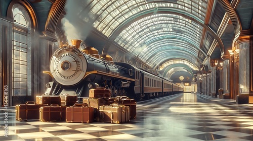 A retro-futuristic train station with Art Deco architecture, steam-powered locomotives, vintage luggage piles, and a polished marble floor, evoking nostalgia and travel in a stylish, timeless design.