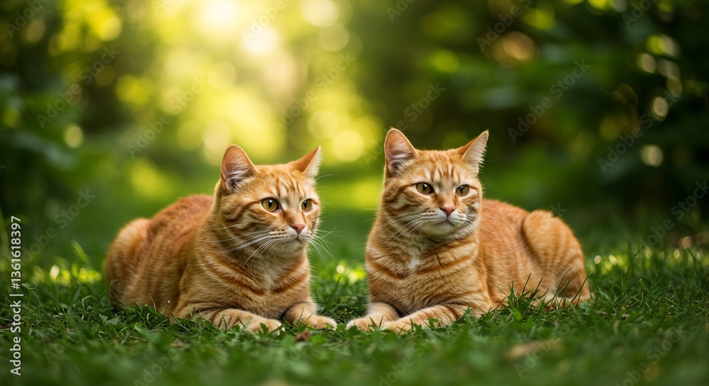 緑の芝生で輝く二匹のオレンジ猫 優しい光に包まれて 緑の芝生で輝く二匹のオレンジ猫 優しい光に包まれて
