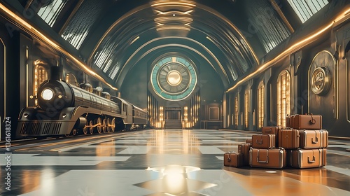 A retro-futuristic train station with Art Deco architecture, steam-powered locomotives, vintage luggage piles, and a polished marble floor, evoking nostalgia and travel in a stylish, timeless design.