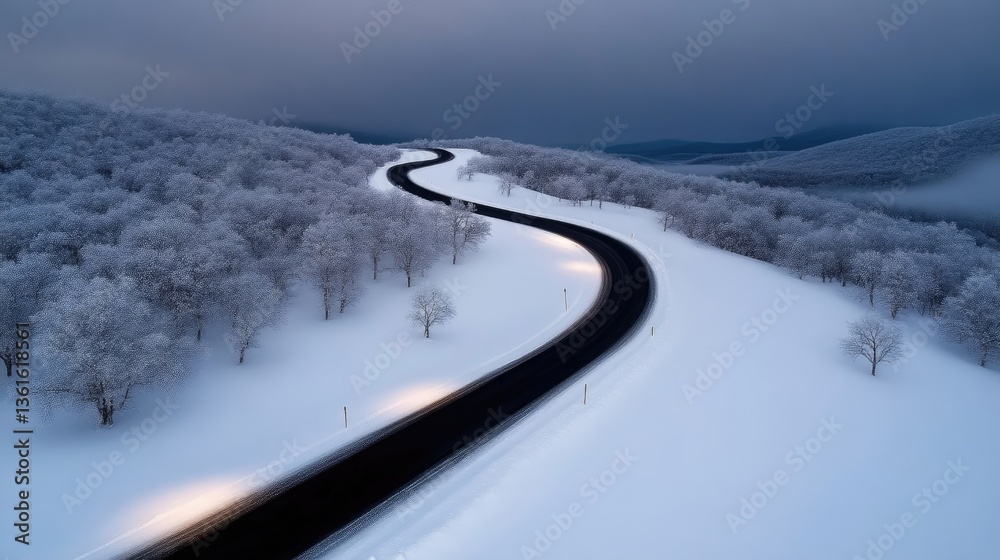 Winding road through snowy forest at dawn. A scenic, high-angle view of a winding road snaking through a snowy forest at dawn. Winding road through snowy forest at dawn. A scenic, high-angle view of a winding road snaking through a snowy forest at dawn.