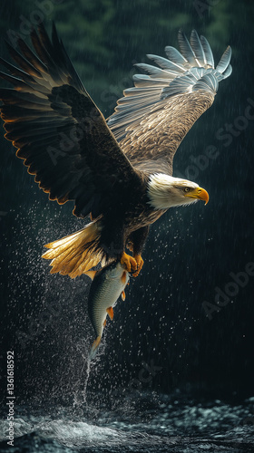 AI generator image of a hawk catching fish in the water, white tailed eagle (Haliaeetus albicilla) catch a big fish. Oder delta in pond,waterfall, sea,river. Polish Eagle. National Bird 