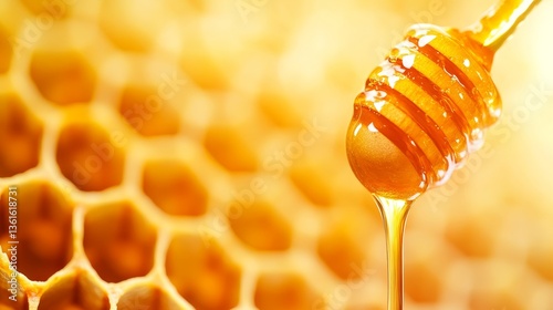 Close-up of dripping honey from a wooden dipper against a honeycomb background, showcasing natural sweetness