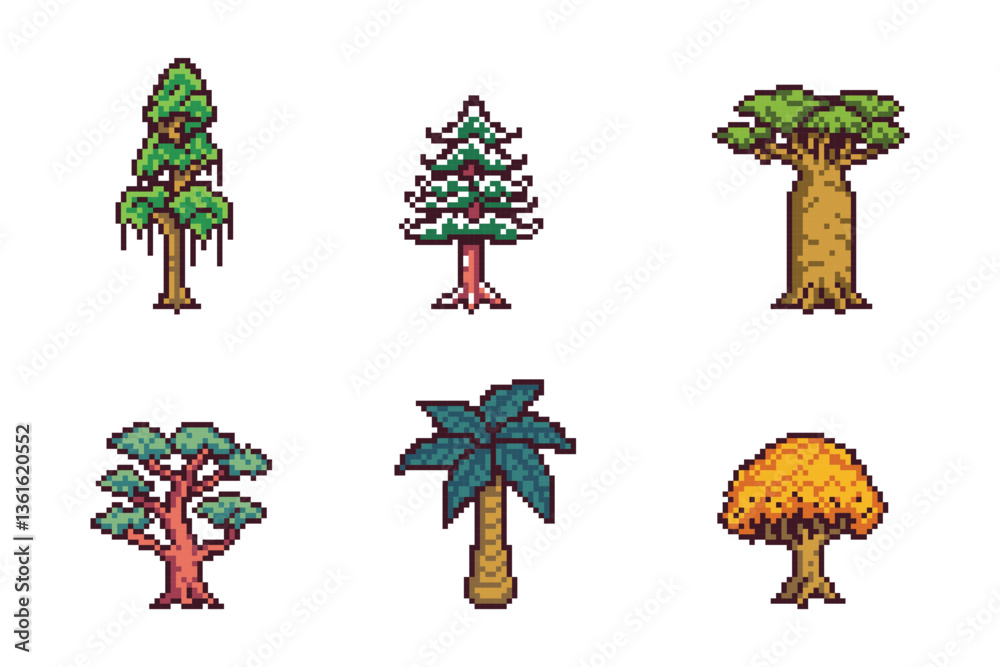 Fototapeta premium Pixel Art Trees Isolated Set Collection