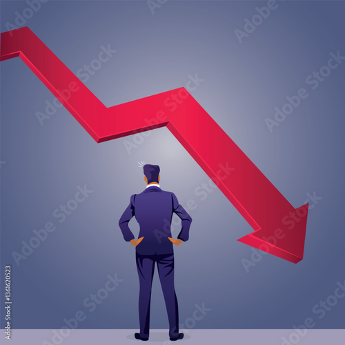 The red arrow is down and the businessman is watching it.