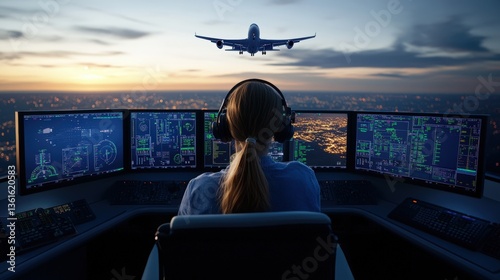An air traffic controller monitors multiple screens as a plane approaches for landing, showcasing the intense focus and technology in air traffic management.