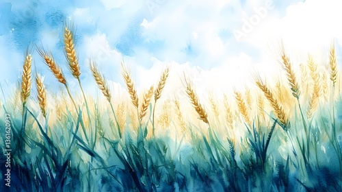 Wheat field watercolor painting, sunny sky, summer