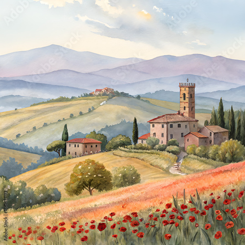 Tuscan village on hill with poppy fields, rolling countryside, sunny landscape, picturesque rural scene