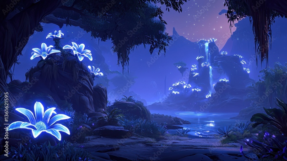 Fototapeta premium A serene, mystical landscape with glowing blue flowers, a waterfall, and lush greenery under a starry sky, evoking a tranquil, dreamlike atmosphere.