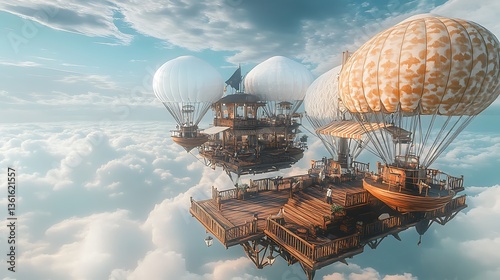 A floating marketplace above clouds with airships docking at wooden platforms and patterned fabric awnings, offering a whimsical, adventurous scene perfect for travel and fantasy enthusiasts.