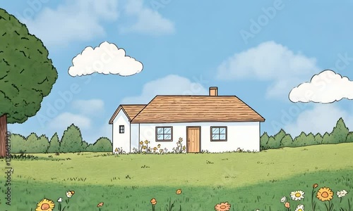 Serene Cottage in a Blooming Meadow: A Peaceful Countryside Illustration