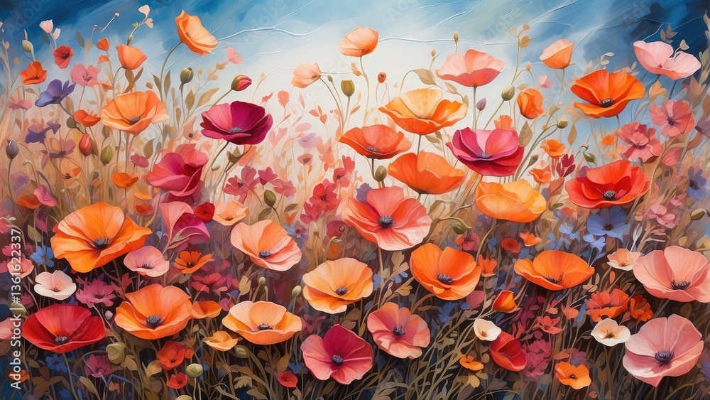 A vibrant, expansive field of wildflowers in a painterly style. A vibrant, expansive field of wildflowers in a painterly style.