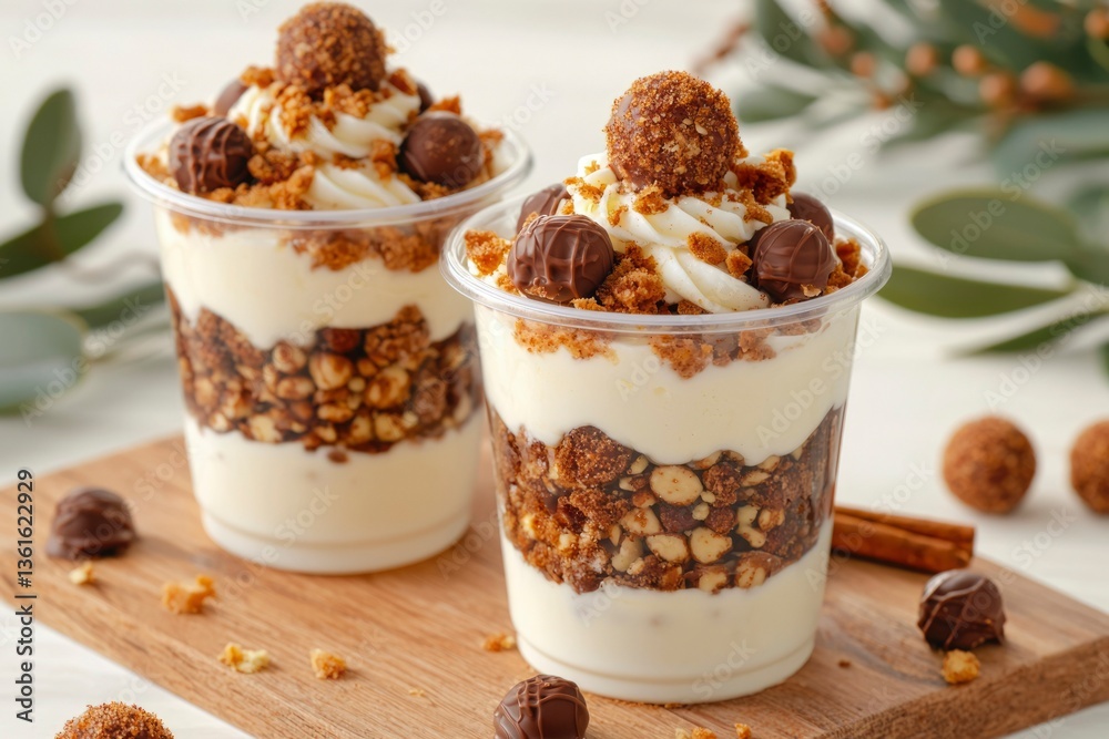 Layers of creamy dessert in clear cups Layers of creamy dessert in clear cups