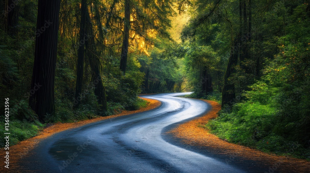 Obraz premium Serpentine road winding through a lush redwood forest bathed in sunlight