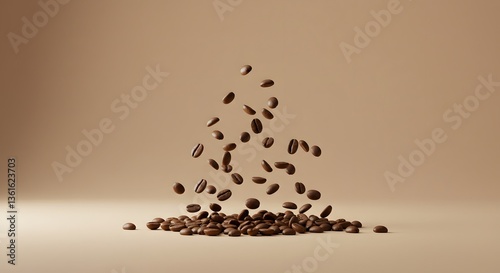 Coffee Beans Falling and Piling Up on Beige Background for Still Life