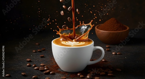 Pouring Coffee Into Cup with Latte Art and Coffee Beans Falling