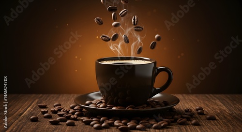 Steaming Coffee Cup with Falling Beans on Rustic Wood Tabletop