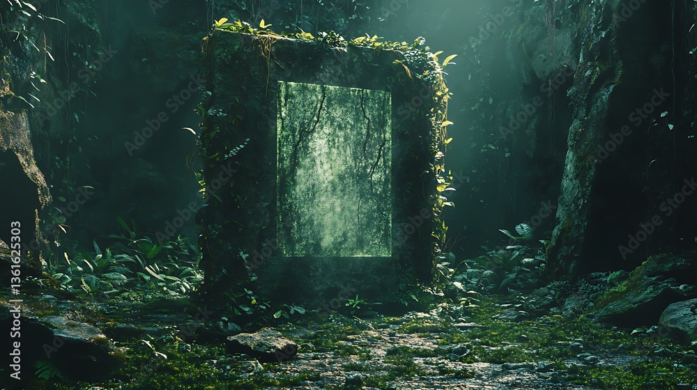 Fototapeta premium Post-human jungle ruins with AI cores overgrown with vines, broken holograms flickering, and a moss-covered stone slab, blending nature and technology in a haunting, futuristic decay.