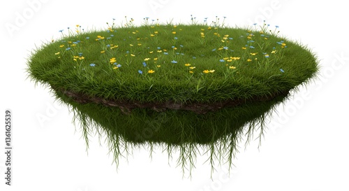 Floating Island with Grass and Flowers Isolated on White Background