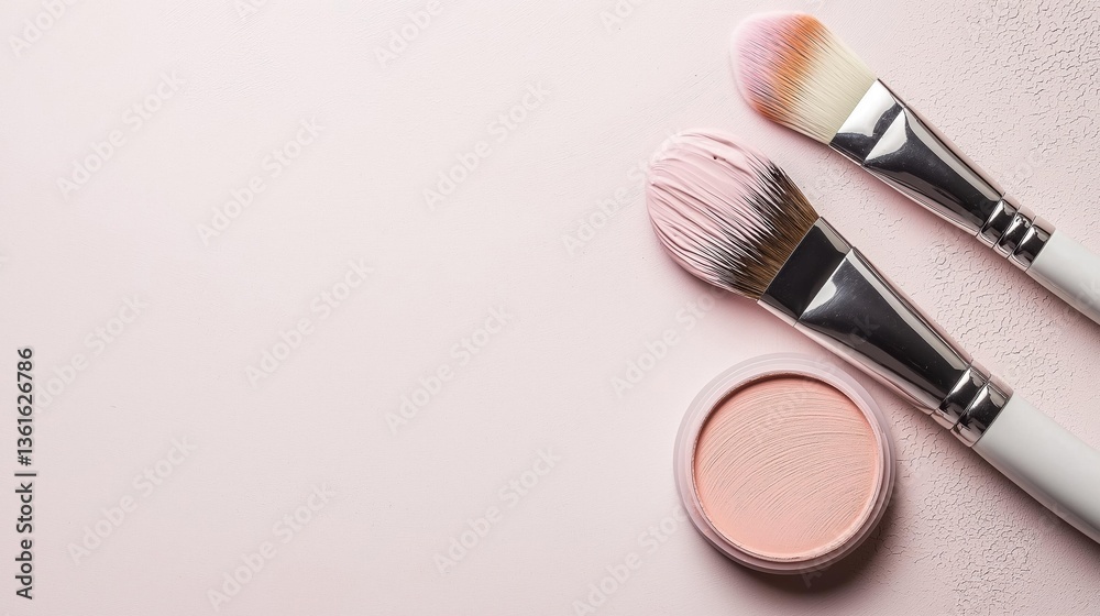 Two makeup brushes with white handles and pink bristles on a light pink background. the brushes are placed side by side, with one brush on the left and the other on the right. Two makeup brushes with white handles and pink bristles on a light pink background. the brushes are placed side by side, with one brush on the left and the other on the right.