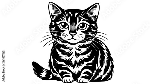 Striped cat illustration in black and white style  