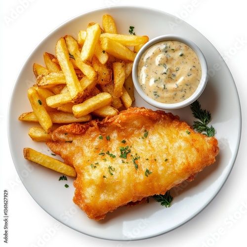 A plate of fish and chips displayed on a transparent backdrop