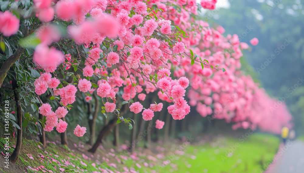 Obraz premium AI generator image of serene garden row of neat and huge curved light pink wedge begonia trees on the steep slope , the wedge begonia trees are full of densely packed large and light pink wedge flower
