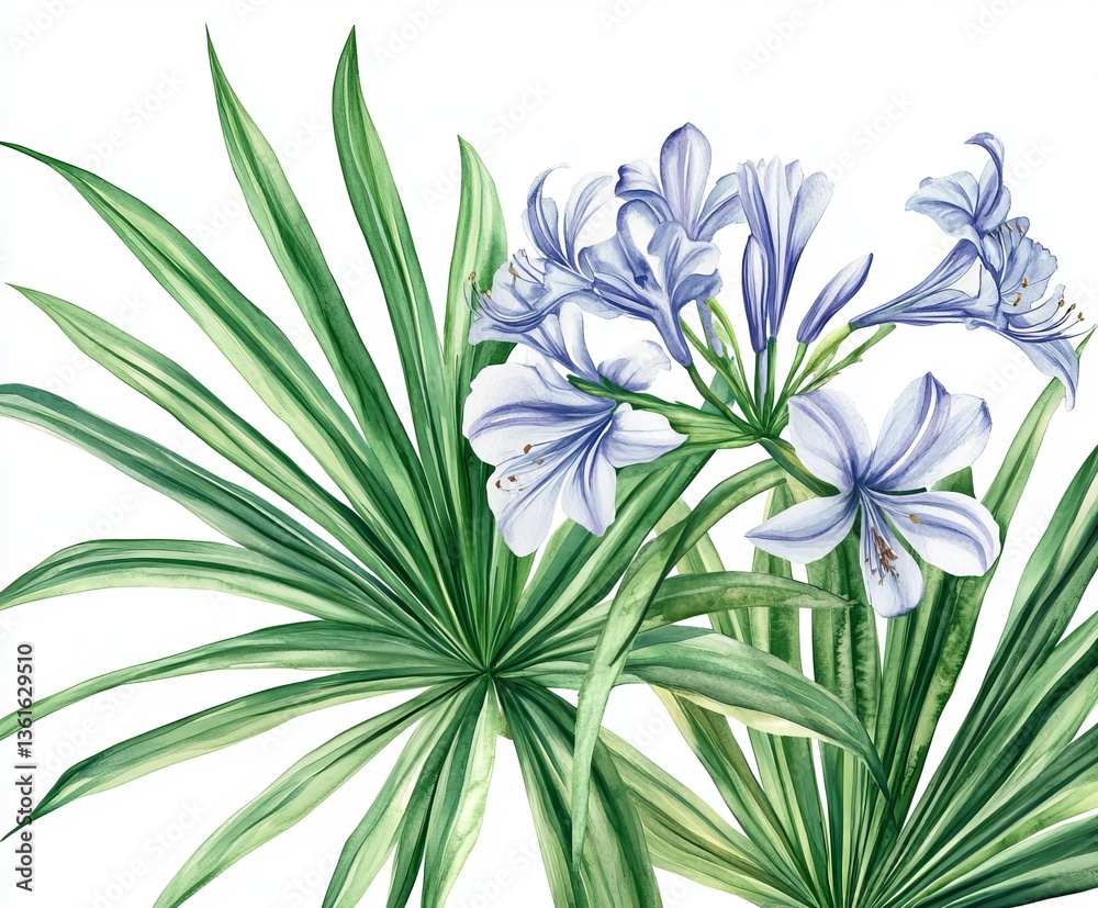 Fototapeta premium Tropical Palm Tree: Watercolor Hand-Drawn Illustration with Green Leaves on Isolated Background