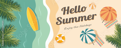 Hello Summer banner template with colorful beach elements such as tropical leaves, beach umbrella, swimming ring, air mattress, flip flops, surfboard and waves.