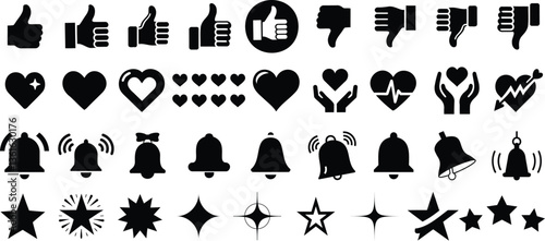 social media interaction icon set, shows thumbs up, thumbs down, hearts, notification bells, and stars in various styles. Perfect for web design, social media, UI elements, and app notifications