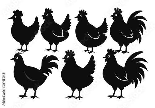 Set of Silhouetted Rooster Heads