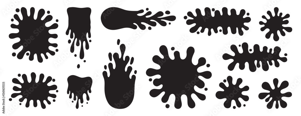 Fototapeta premium Round ink splatter flat collection. Paint splash shapes black set. decorative shapes liquids. Grunge splashes and in groovy cartoon style