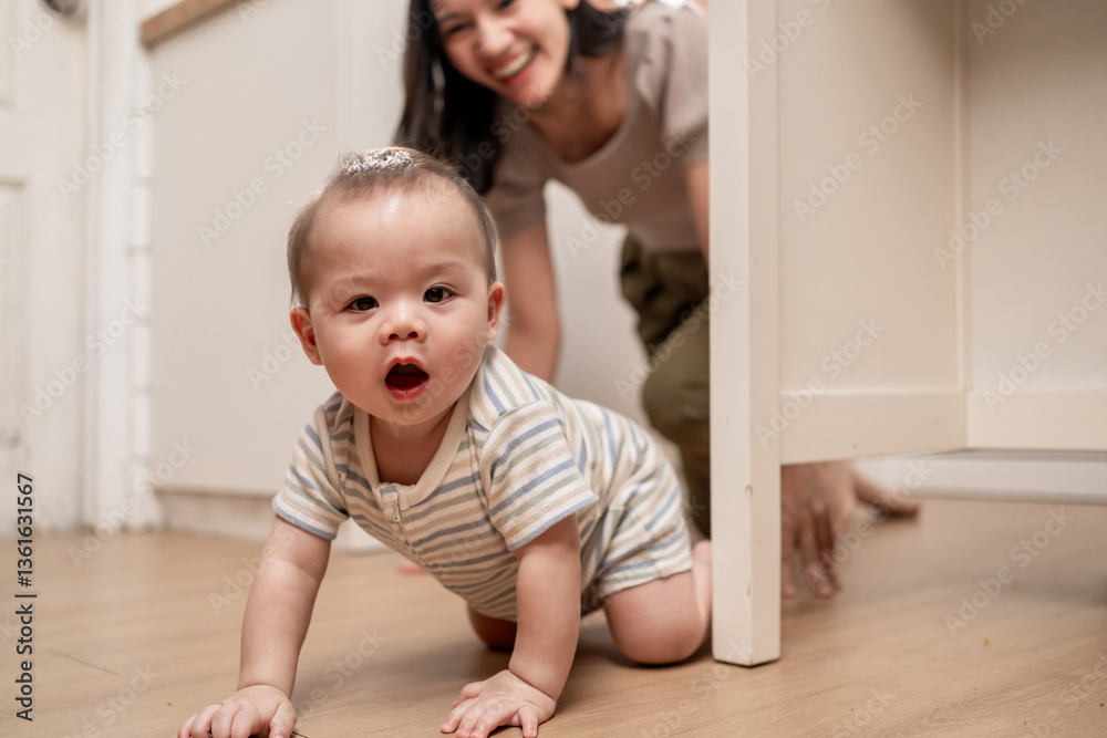 Asian single mother lovingly cares for and raises her baby boy at home. Asian single mother lovingly cares for and raises her baby boy at home.