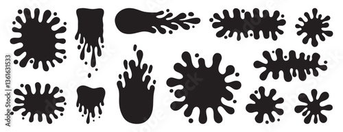 Round ink splatter flat collection. Paint splash shapes black set. decorative shapes liquids. Grunge splashes and in groovy cartoon style