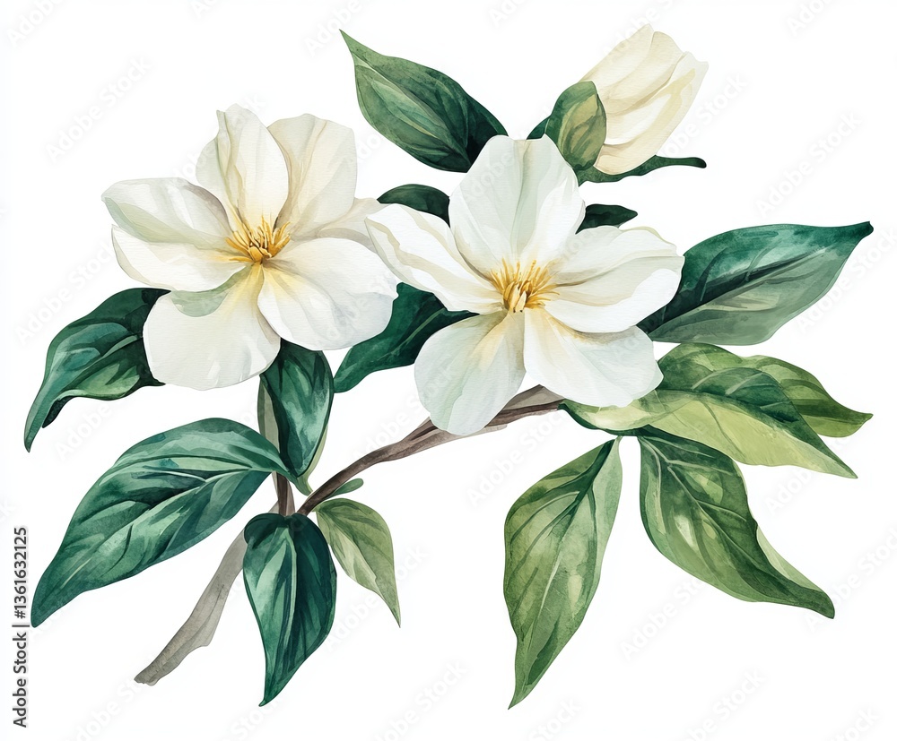 Fototapeta premium Peonies Flowers and Leaves: Watercolor Floral Design Elements on White Background