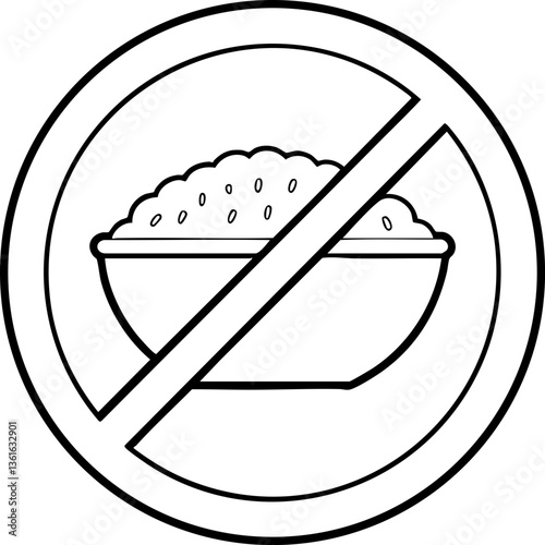 The image features a circular symbol with a bowl of food crossed out, indicating a prohibition on rice consumption.