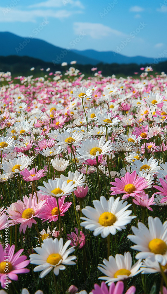 Obraz premium AI generator image of white and pink daisies, thousands upon thousands of petals, the entire flower field is covered with blooming flowers, a sea of white and yellow-pink daisy flowers against 