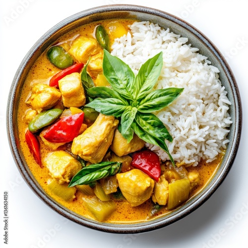 A mouthwatering yellow curry dish, displayed on a transparent base