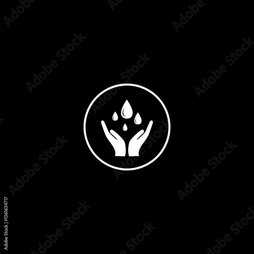 Hand water drop icon isolated on black background.
