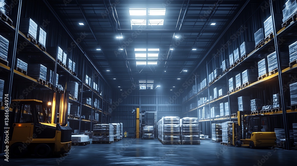 A modern distribution center with advanced AI-powered inventory systems, automated forklifts moving palletized goods, digital displays showing real-time logistics data, glowing LED panels, A modern distribution center with advanced AI-powered inventory systems, automated forklifts moving palletized goods, digital displays showing real-time logistics data, glowing LED panels,