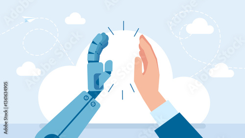 High five. Artificial Intelligence, human cooperate with machine or robot, AI help or support coworker, assistance, partnership concept, businessman hand high five with robot hand. Vector illustration
