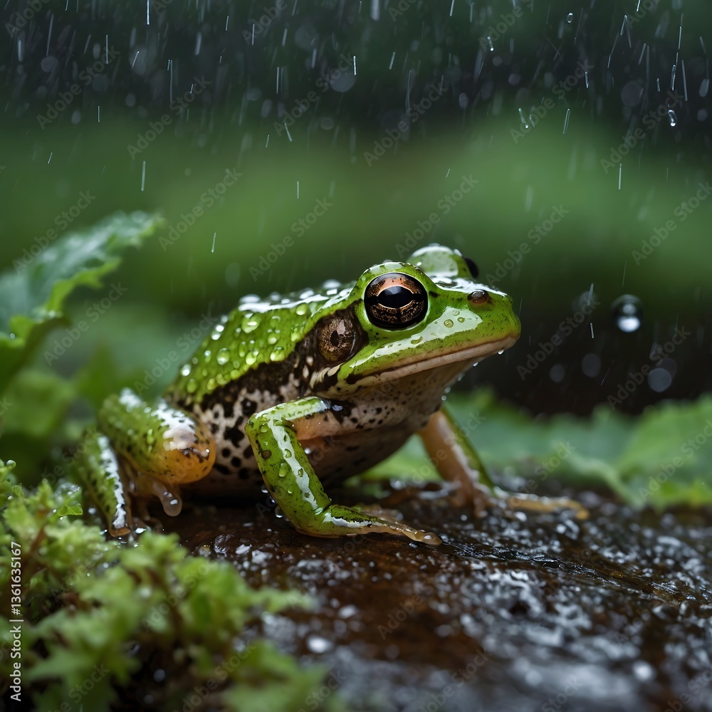 Obraz premium Rainy Refuge: Cricket Frog Resting Under a Mushroom, Surrounded by Lush Greenery
